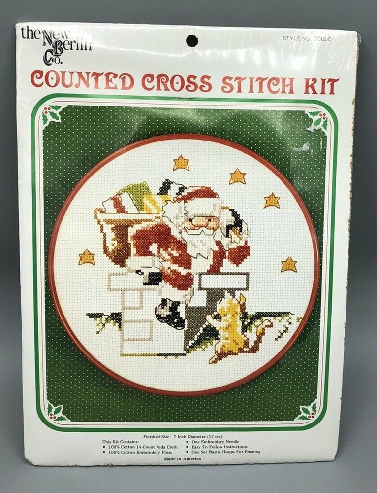 Vintage Counted Cross Stitch Kit Santa in a Chimney With A Kitten NIP New Berlin
